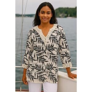 Cathy Daniels Women's White Black Floral Embroidered Trim Cotton Tunic, Lg.